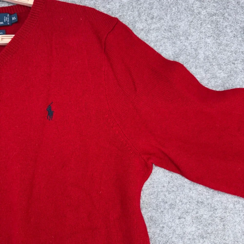 VTG Polo Ralph Lauren Men XL Red 100% Lambswool V-Neck Sweater Italian Yarn Pony